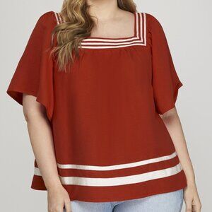 PLUS SIZE SHE + SKY RED & WHITE FLARE SLEEVE TOP